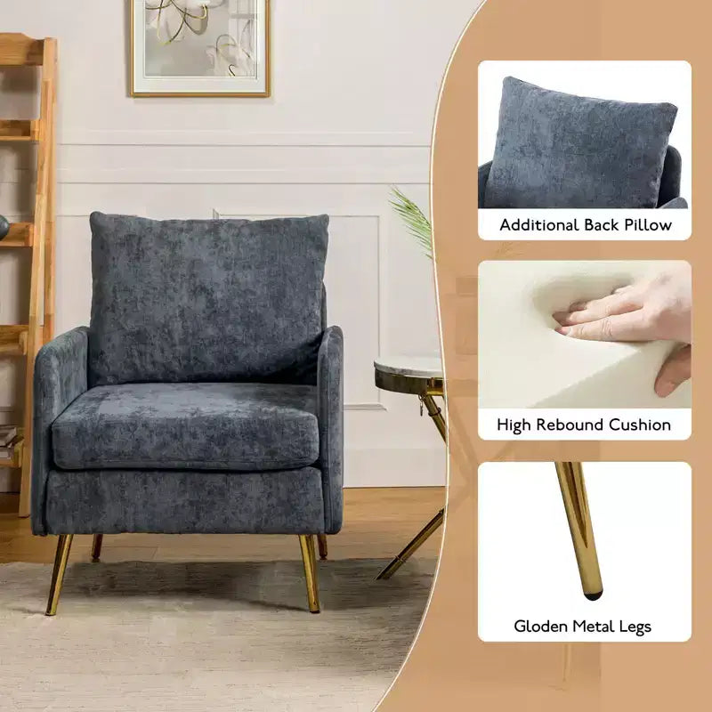 Poltrona imbottita Giovann con braccioli, comoda poltrona per soggiorno e camera da letto con gambe in metallo BLU NAVY