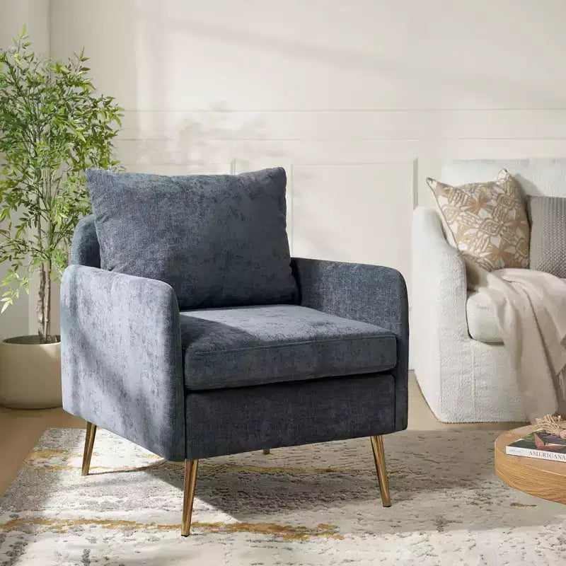 Poltrona imbottita Giovann con braccioli, comoda poltrona per soggiorno e camera da letto con gambe in metallo BLU NAVY