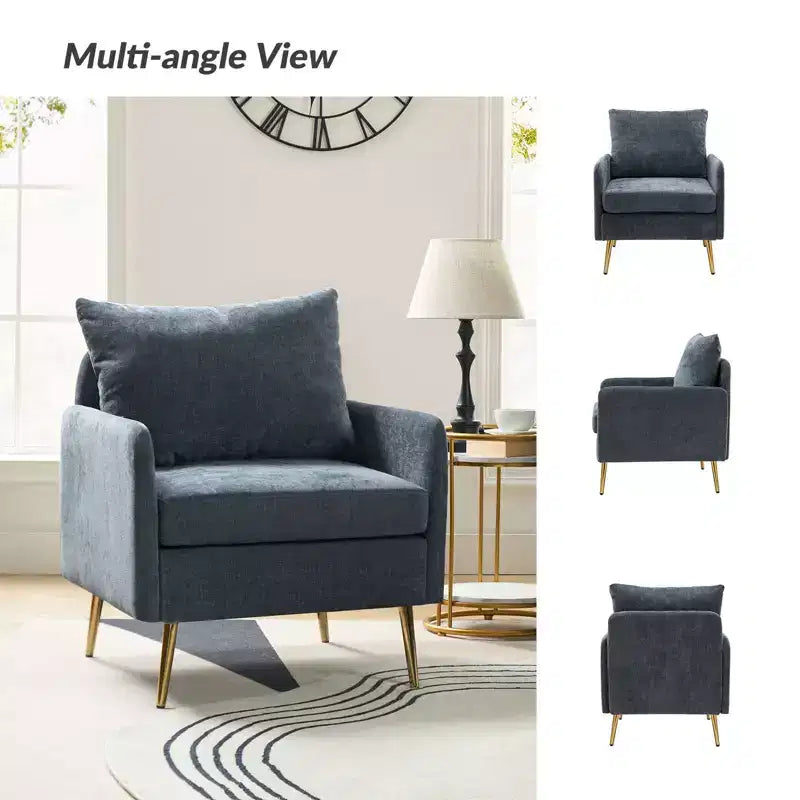 Poltrona imbottita Giovann con braccioli, comoda poltrona per soggiorno e camera da letto con gambe in metallo BLU NAVY