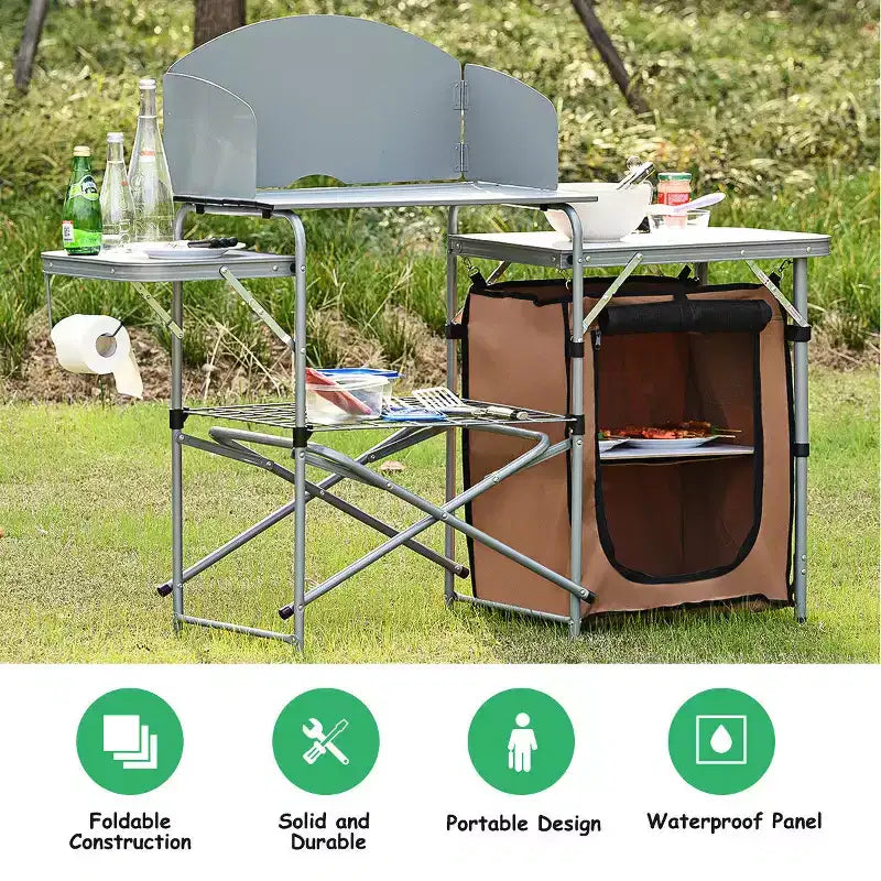 Tavolo da campeggio pieghevole, supporto portatile per barbecue da esterno con paravento e borsa