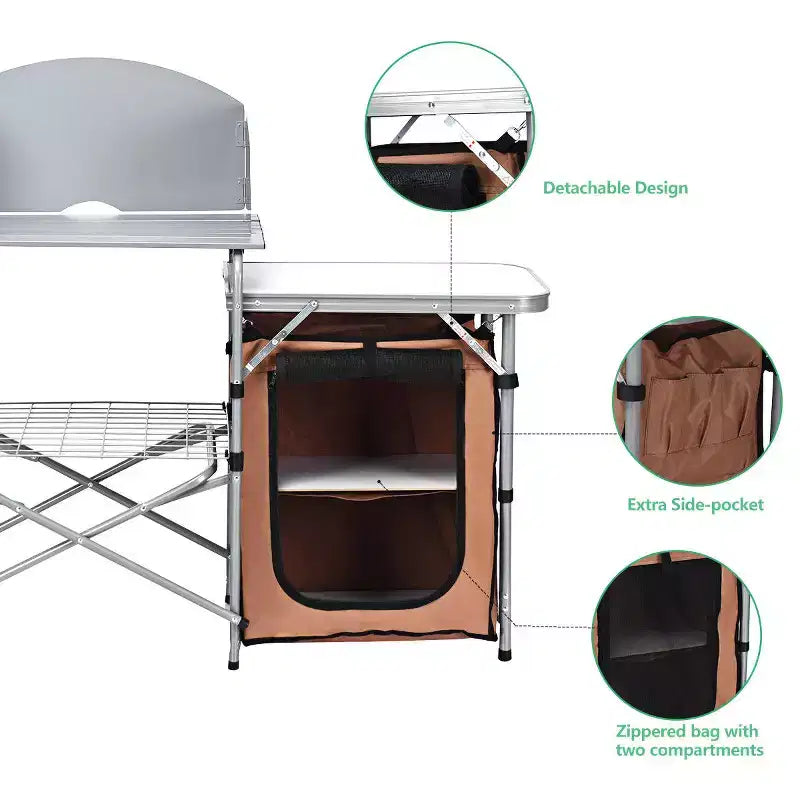 Tavolo da campeggio pieghevole, supporto portatile per barbecue da esterno con paravento e borsa