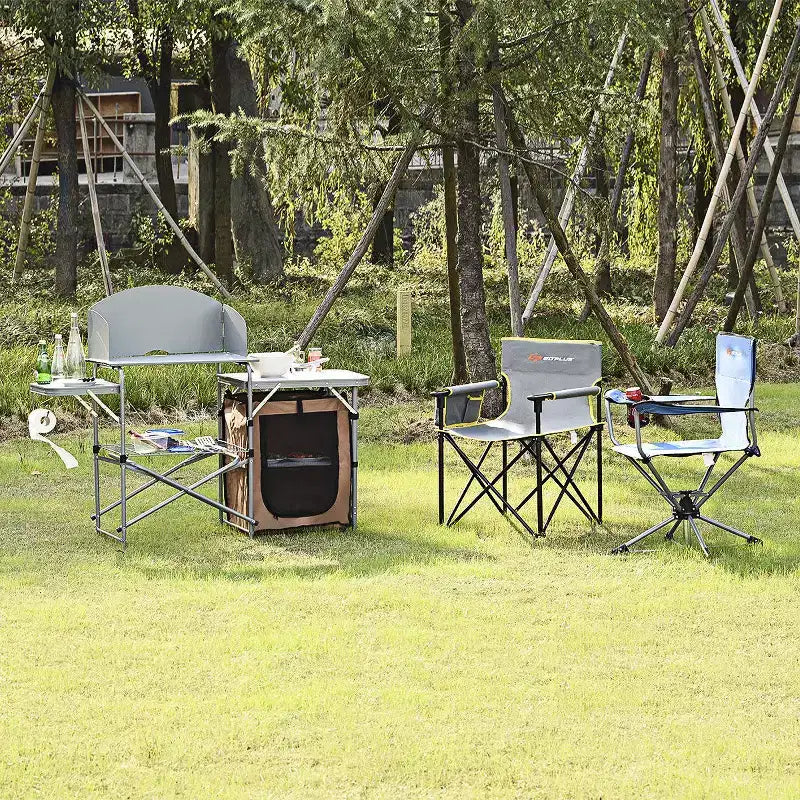 Tavolo da campeggio pieghevole, supporto portatile per barbecue da esterno con paravento e borsa