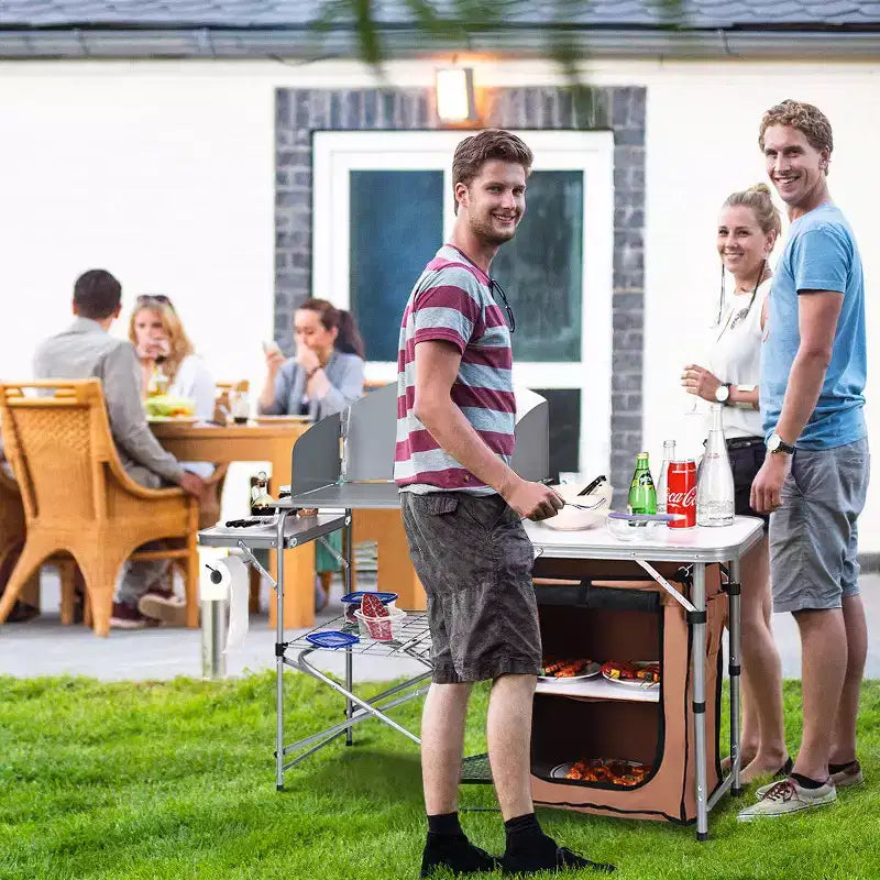 Tavolo da campeggio pieghevole, supporto portatile per barbecue da esterno con paravento e borsa