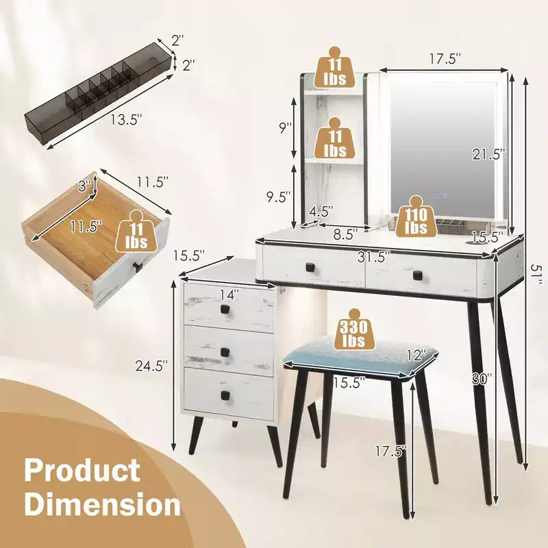 Set da Toeletta con Specchio Illuminato Dimmerabile 3 Modalità di Illuminazione