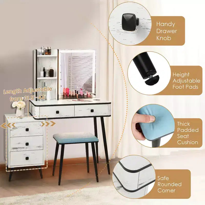 Set da Toeletta con Specchio Illuminato Dimmerabile 3 Modalità di Illuminazione