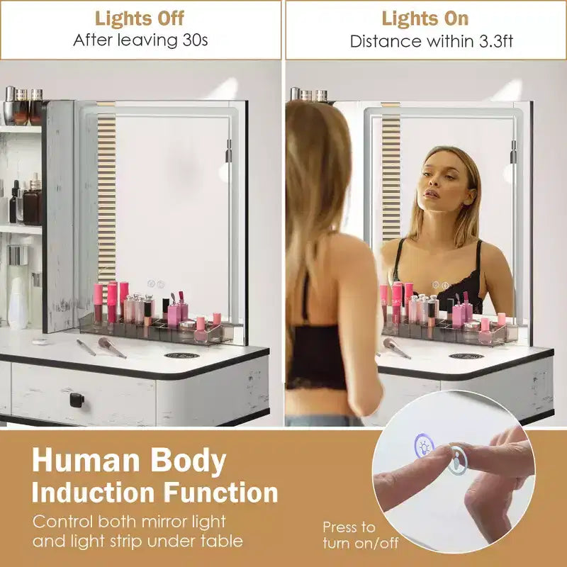 Set da Toeletta con Specchio Illuminato Dimmerabile 3 Modalità di Illuminazione