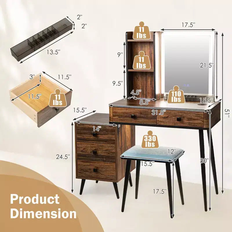 Set da Toeletta con Specchio Illuminato Dimmerabile 3 Modalità di Illuminazione