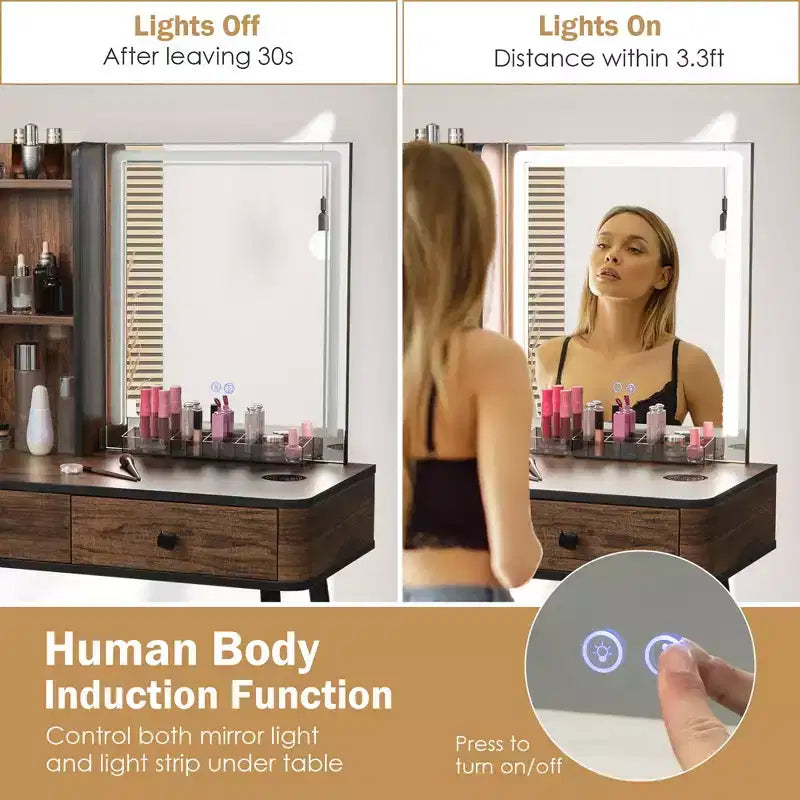 Set da Toeletta con Specchio Illuminato Dimmerabile 3 Modalità di Illuminazione