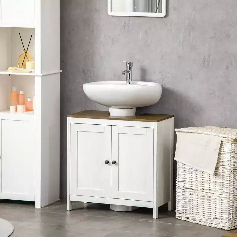 Mobiletto per lavabo da bagno, Mobile sottolavabo da terra, Armadietto contenitore indipendente con ripiano regolabile, Doppia anta, Bianco antico