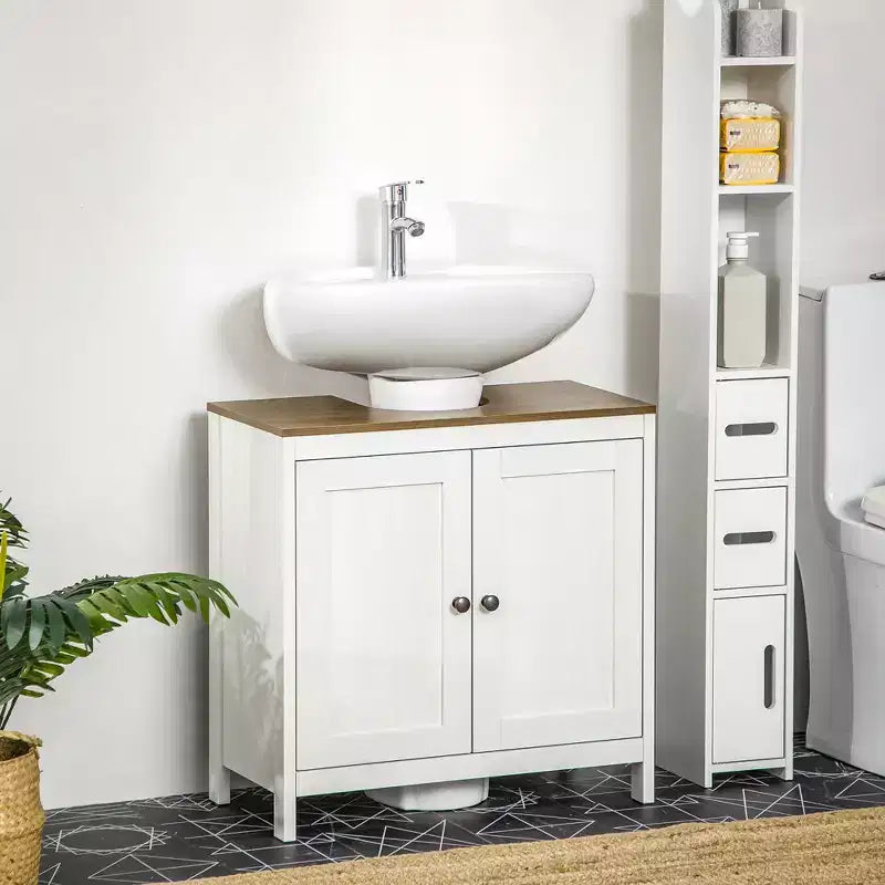 Mobiletto per lavabo da bagno, Mobile sottolavabo da terra, Armadietto contenitore indipendente con ripiano regolabile, Doppia anta, Bianco antico