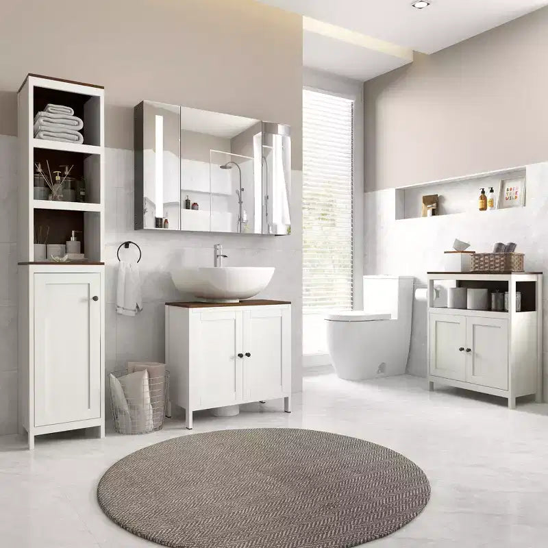 Mobiletto per lavabo da bagno, Mobile sottolavabo da terra, Armadietto contenitore indipendente con ripiano regolabile, Doppia anta, Bianco antico