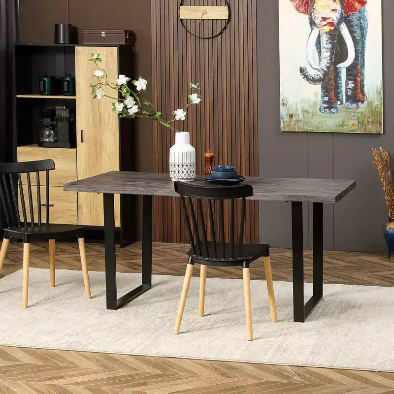 63 Tavolo da pranzo moderno con bordo ondulato per 6 persone, tavolo da cucina in legno con gambe in acciaio, tavolo da pranzo rettangolare con robusta base in metallo, grigio