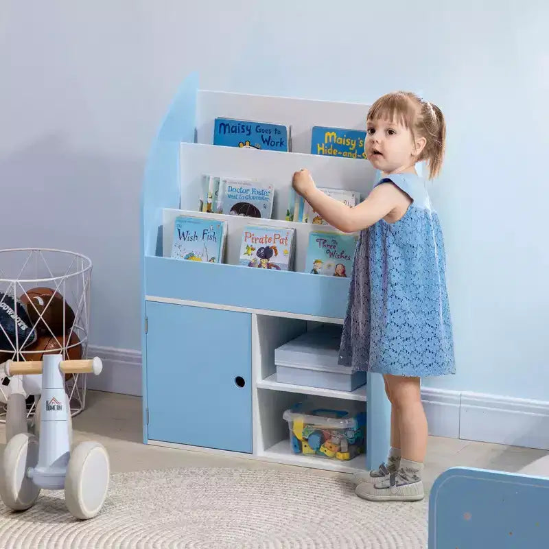 Libreria per Bambini e Organizzatore Porta Giocattoli con Armadietto, Scaffale per Libri per Bambini, Libreria per Bambini, Età 3-8 Anni, Blu