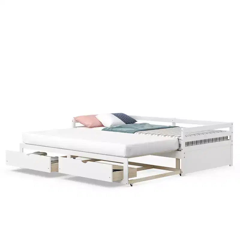 Divano letto singolo a due piazze con 2 cassetti, divano letto in legno per camera da letto e soggiorno, bianco/ciliegio
