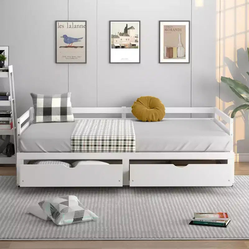 Divano letto singolo a due piazze con 2 cassetti, divano letto in legno per camera da letto e soggiorno, bianco/ciliegio