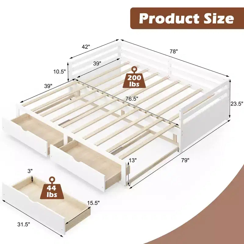 Divano letto singolo a due piazze con 2 cassetti, divano letto in legno per camera da letto e soggiorno, bianco/ciliegio