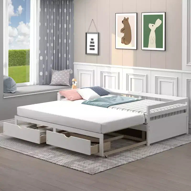 Divano letto singolo a due piazze con 2 cassetti, divano letto in legno per camera da letto e soggiorno, bianco/ciliegio