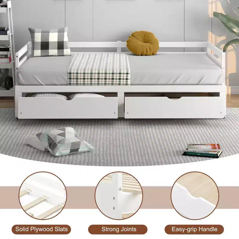 Divano letto singolo a due piazze con 2 cassetti, divano letto in legno per camera da letto e soggiorno, bianco/ciliegio