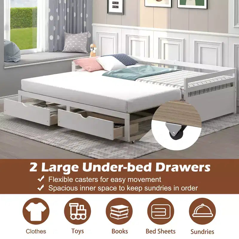 Divano letto singolo a due piazze con 2 cassetti, divano letto in legno per camera da letto e soggiorno, bianco/ciliegio