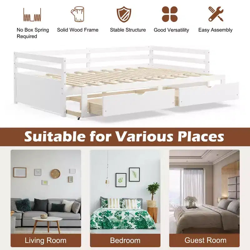 Divano letto singolo a due piazze con 2 cassetti, divano letto in legno per camera da letto e soggiorno, bianco/ciliegio