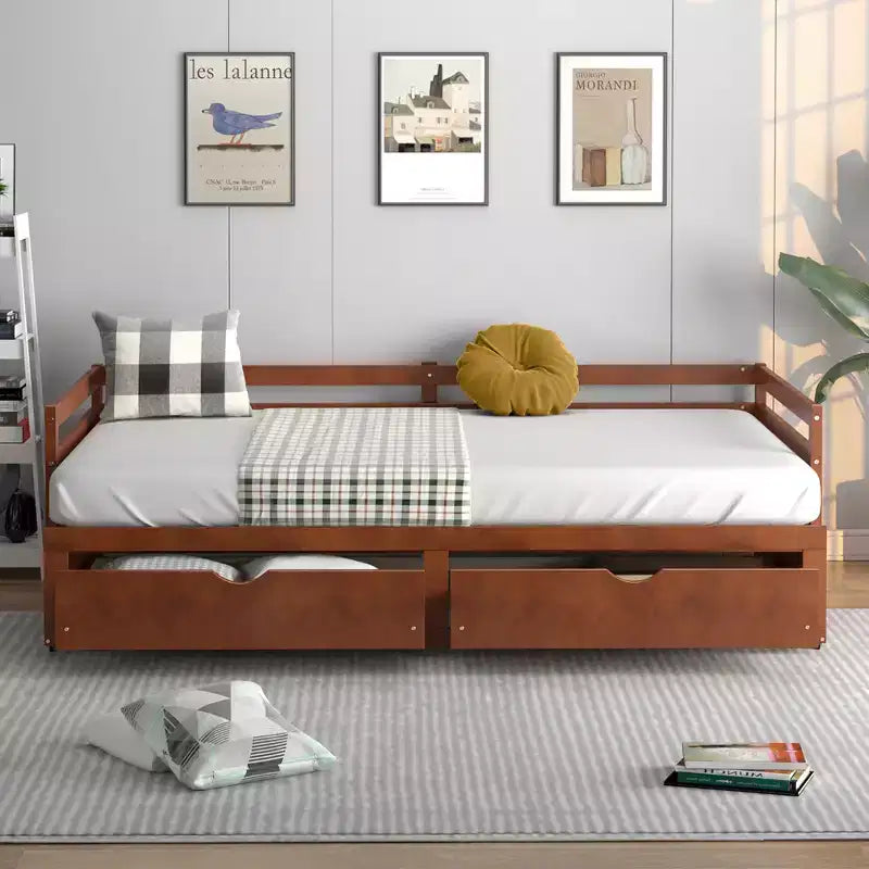 Divano letto singolo a due piazze con 2 cassetti, divano letto in legno per camera da letto e soggiorno, bianco/ciliegio