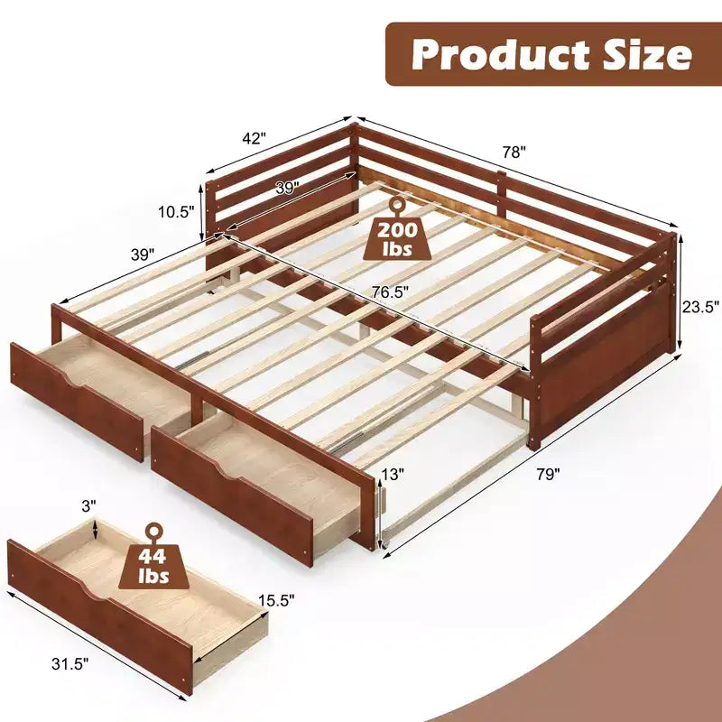 Divano letto singolo a due piazze con 2 cassetti, divano letto in legno per camera da letto e soggiorno, bianco/ciliegio