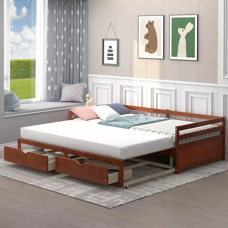 Divano letto singolo a due piazze con 2 cassetti, divano letto in legno per camera da letto e soggiorno, bianco/ciliegio