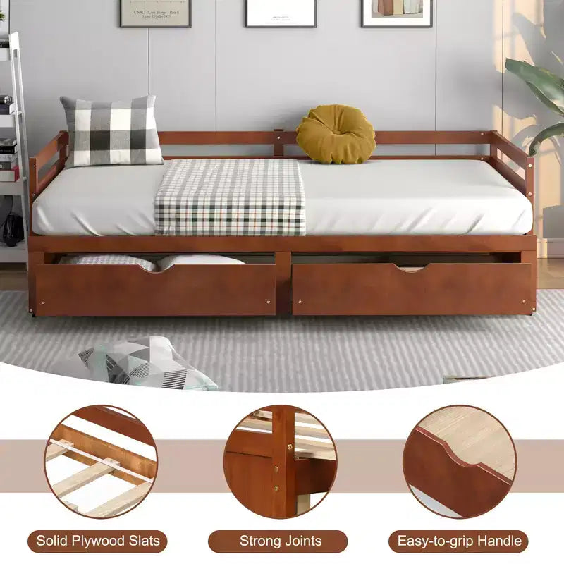 Divano letto singolo a due piazze con 2 cassetti, divano letto in legno per camera da letto e soggiorno, bianco/ciliegio