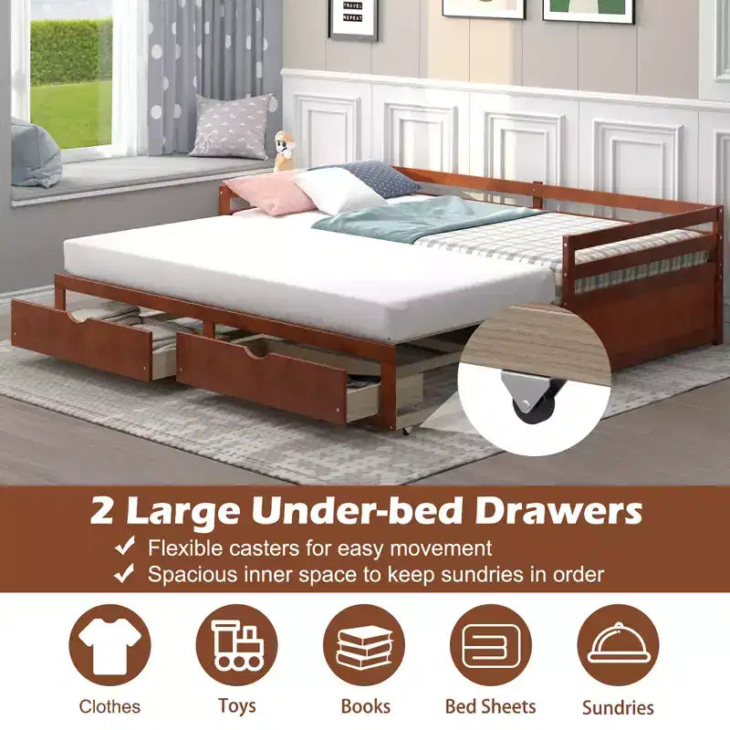 Divano letto singolo a due piazze con 2 cassetti, divano letto in legno per camera da letto e soggiorno, bianco/ciliegio