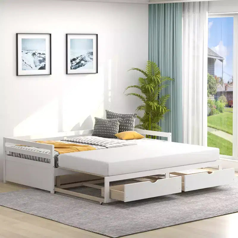 Divano letto singolo a due piazze con 2 cassetti, divano letto in legno per camera da letto e soggiorno, bianco/ciliegio