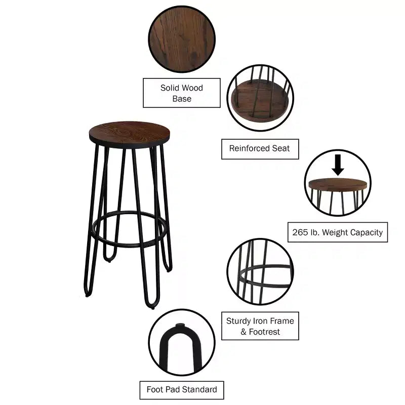 Sgabelli da Bar per Isola Cucina in Stile Modern Farmhouse, Senza Schienale, con Gambe a Forcina, Seduta in Legno, per Cucina o Sala da Pranzo, 61 cm