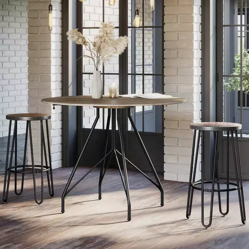 Sgabelli da Bar per Isola Cucina in Stile Modern Farmhouse, Senza Schienale, con Gambe a Forcina, Seduta in Legno, per Cucina o Sala da Pranzo, 61 cm